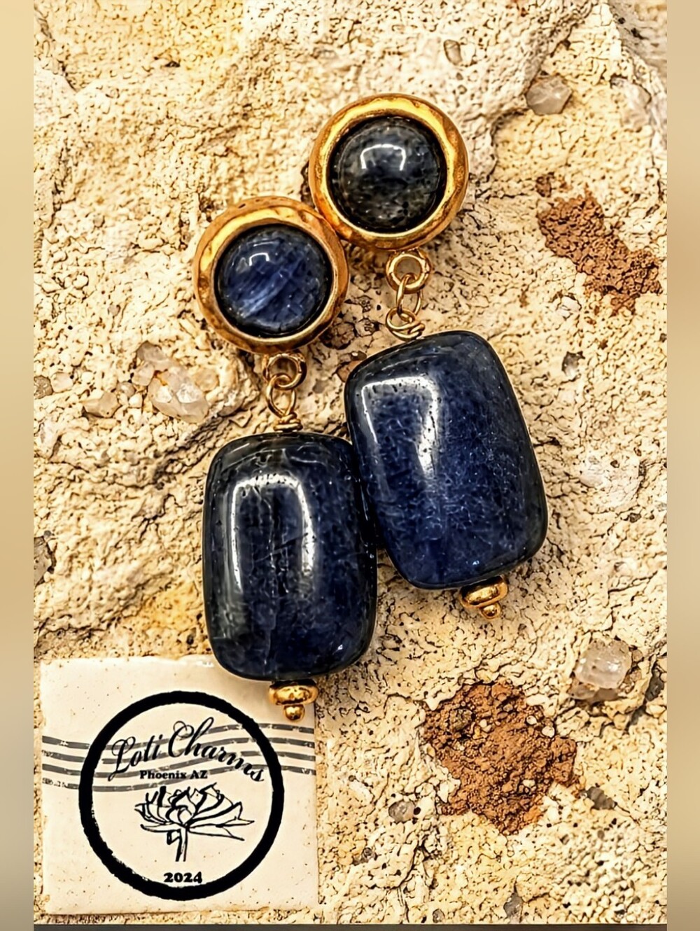 Natural Blue Kyanite In Hammered Gold Bezel & Kyanite Drop Stone Earrings